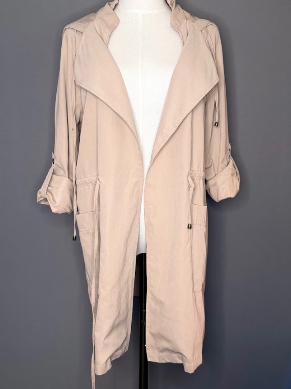 Love Tree Beige Hooded Utility Jacket Medium Lightweight Drawstring Coat